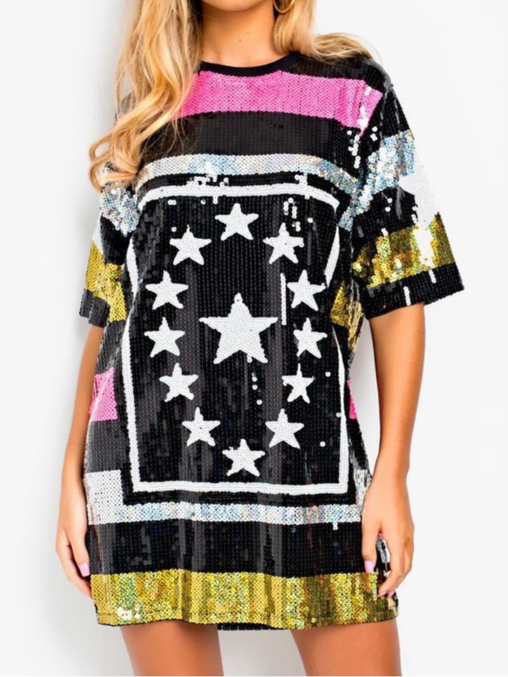 Main Strip Sequin Stars & Stripes Oversized T-Shirt Dressed Lined Size M/L NWT